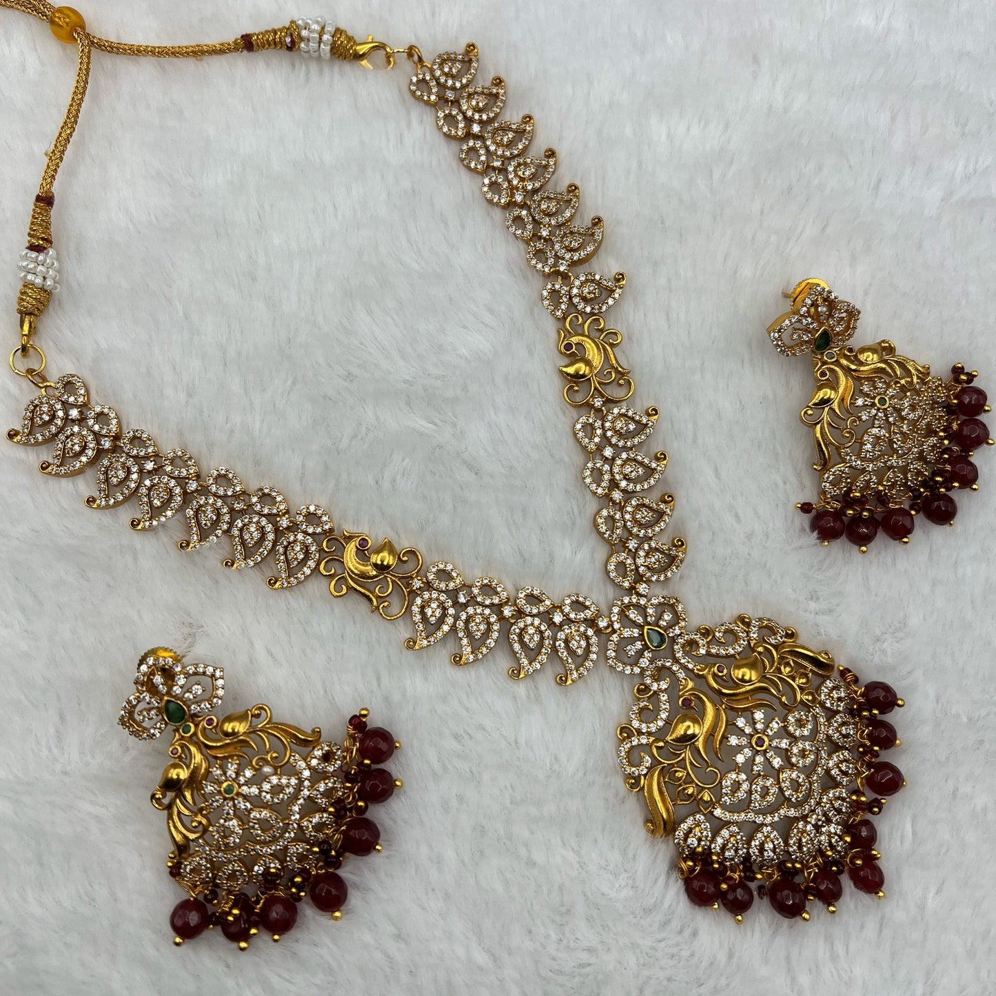 Fashion - Exclusive Peacock Design Maroon Antique Traditional Necklace Set