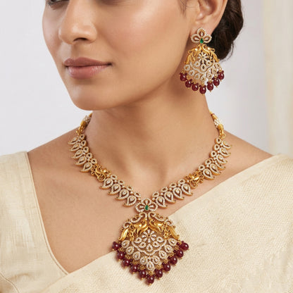 Fashion - Exclusive Peacock Design Maroon Antique Traditional Necklace Set