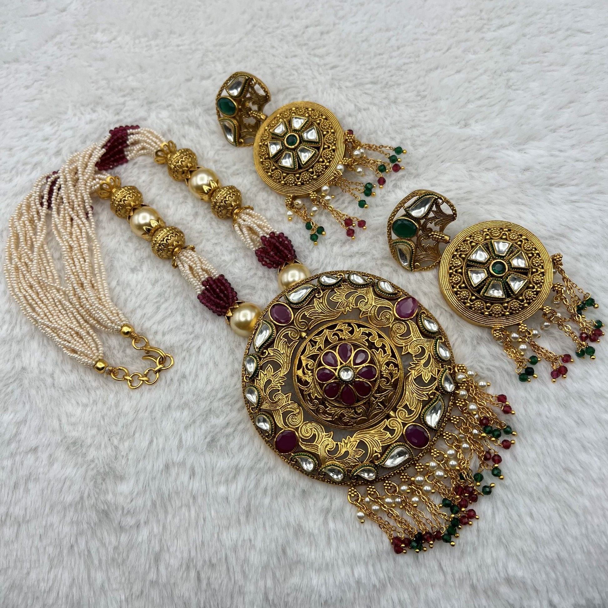 Fashion - Bold Ruby Pink & Green Antique Traditional, Bead Mix Necklace Set