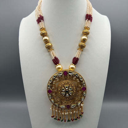 Fashion - Bold Style Reversible Design Ruby Pink & Green Antique Traditional, Bead Mix Necklace Set