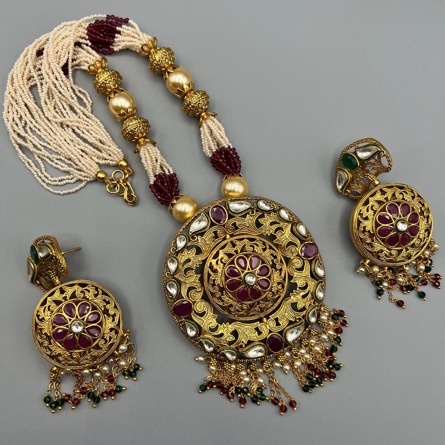 Fashion - Bold Style Reversible Design Ruby Pink & Green Antique Traditional, Bead Mix Necklace Set