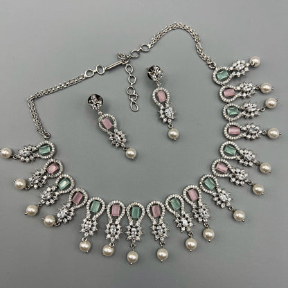 Fashion - Classic Mint Green & Pink AD/CZ Stone Necklace Set