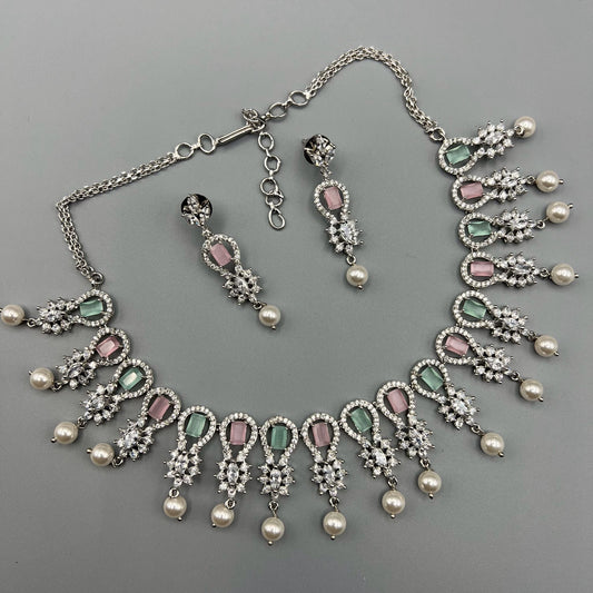 Fashion - Classic Mint Green & Pink AD/CZ Stone Necklace Set