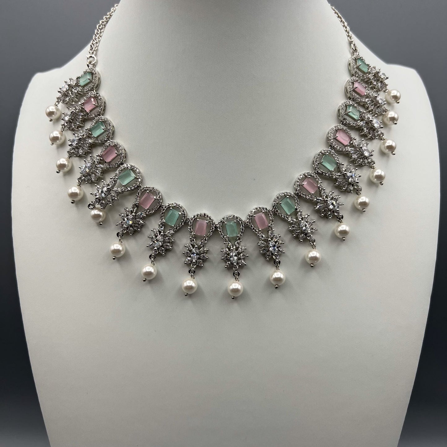 Fashion - Classic Mint Green & Pink AD/CZ Stone Necklace Set