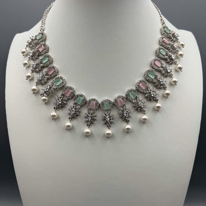 Fashion - Classic Mint Green & Pink AD/CZ Stone Necklace Set