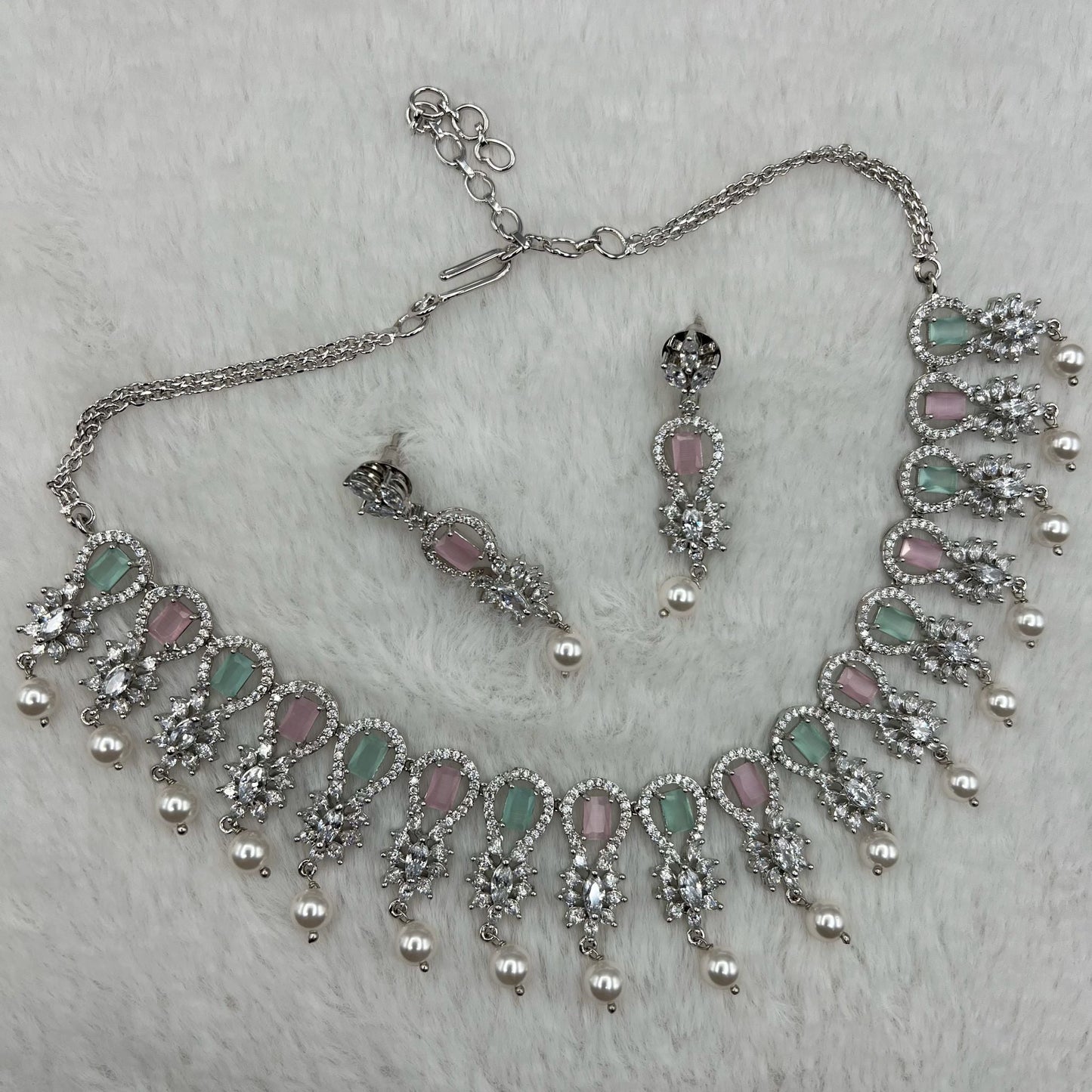 Fashion - Classic Mint Green & Pink AD/CZ Stone Necklace Set