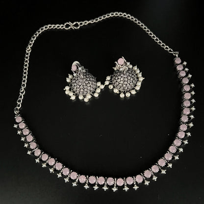 Fashion - Single Line Pink Oxidized Necklace Set