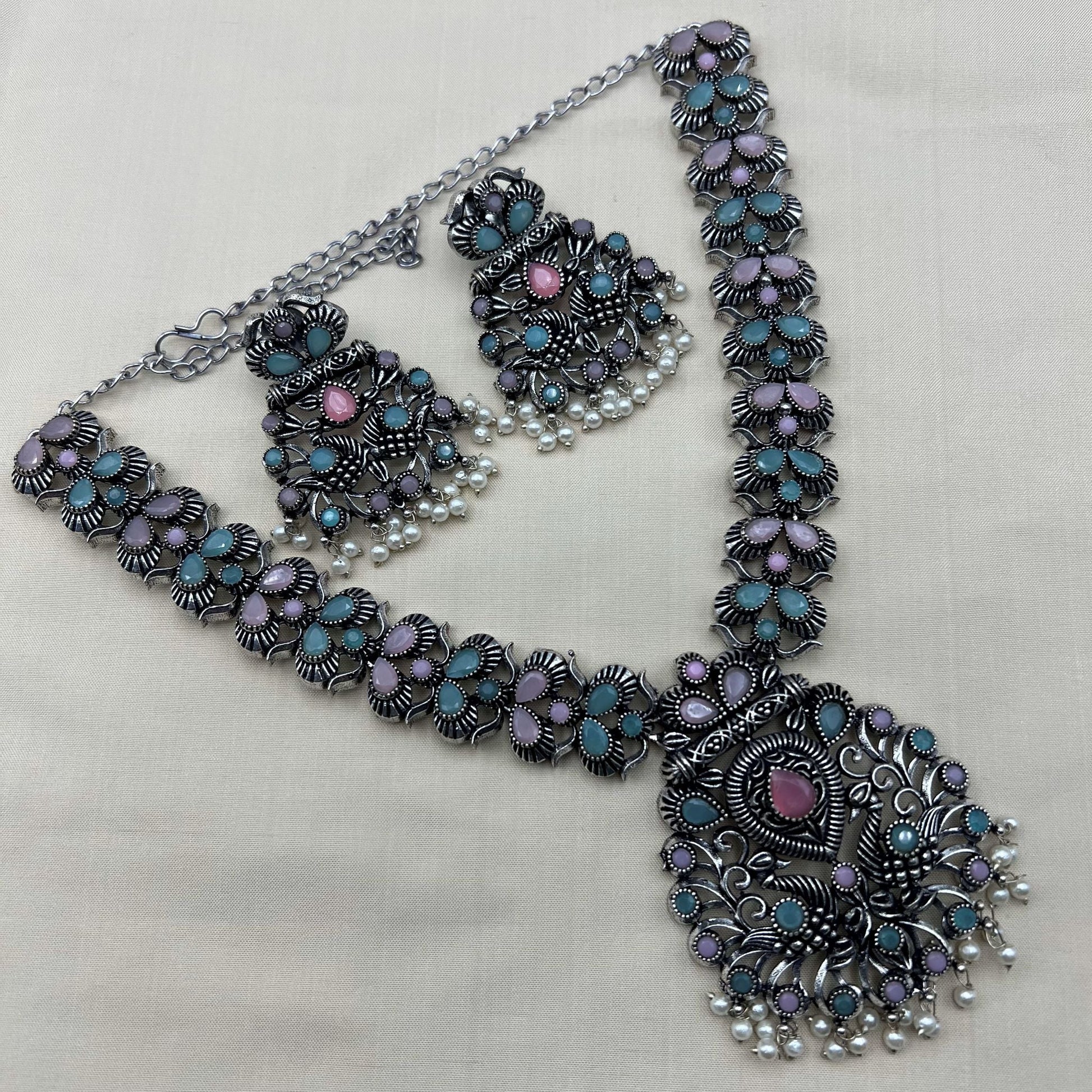 Fashion - Peacock Design Mint Green & Pink Oxidized Necklace Set