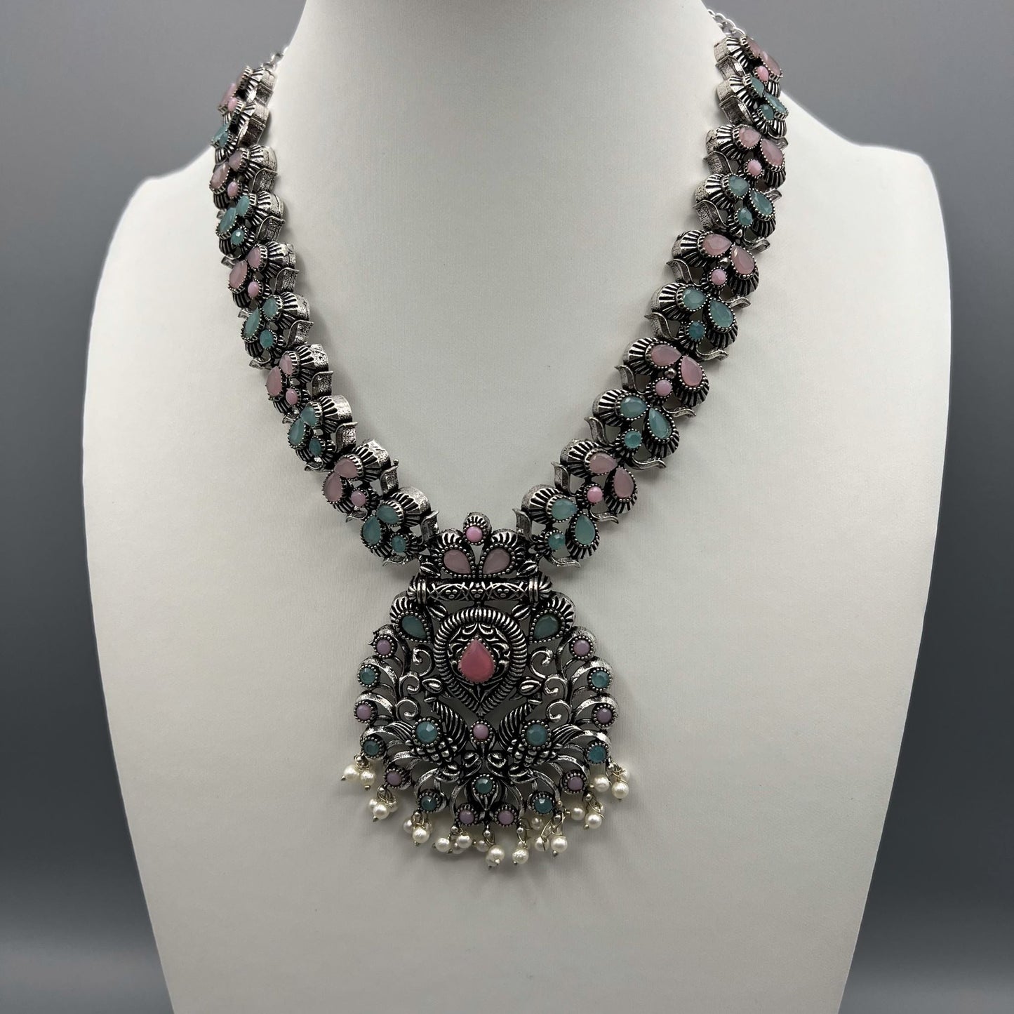 Fashion - Peacock Design Mint Green & Pink Oxidized Necklace Set