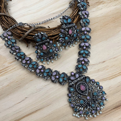 Fashion - Peacock Design Mint Green & Pink Oxidized Necklace Set