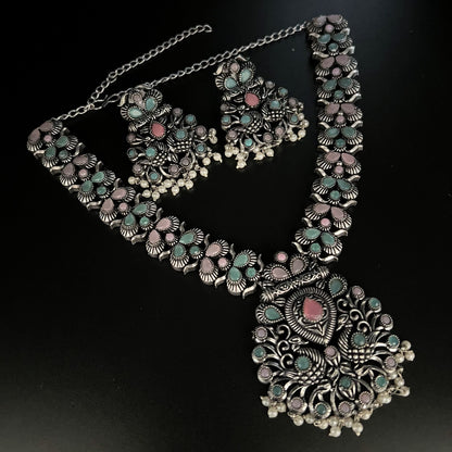 Fashion - Peacock Design Mint Green & Pink Oxidized Necklace Set