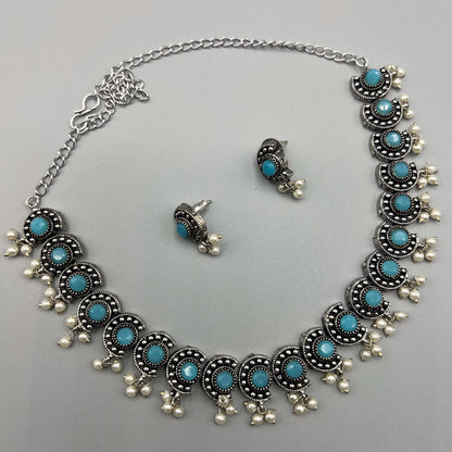 Fashion - Sleek Aqua Blue Oxidized Necklace Set