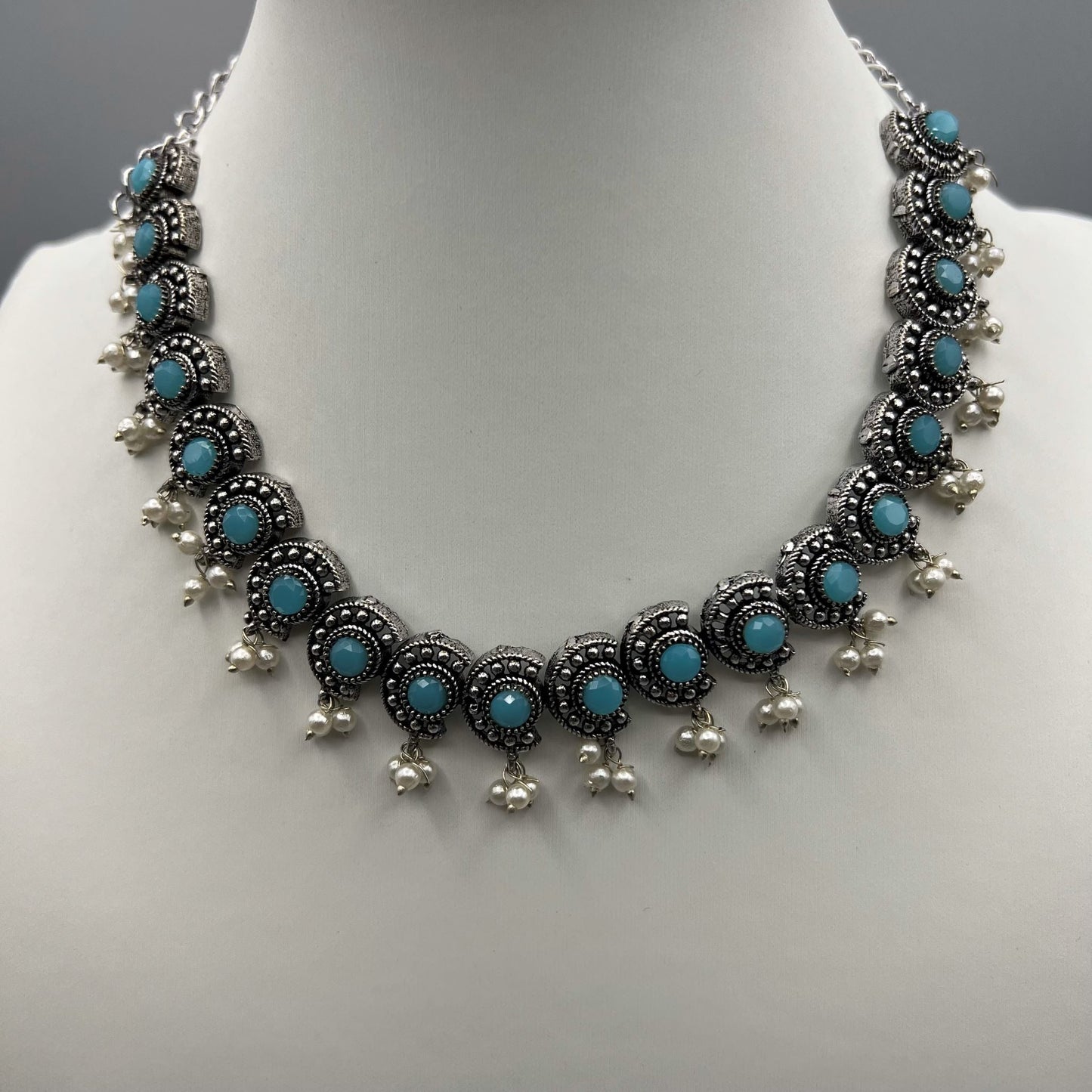 Fashion - Sleek Aqua Blue Oxidized Necklace Set