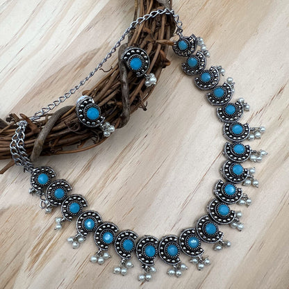 Fashion - Sleek Aqua Blue Oxidized Necklace Set