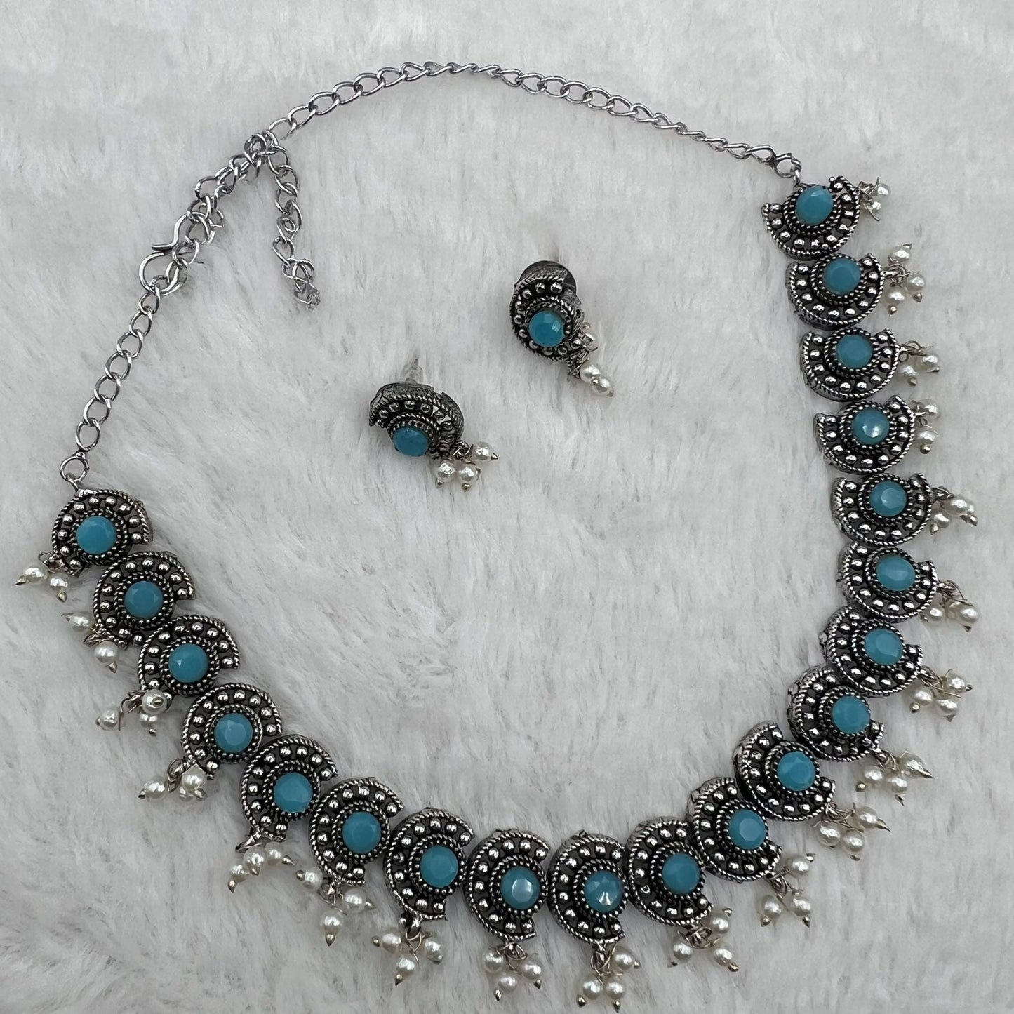 Fashion - Sleek Aqua Blue Oxidized Necklace Set