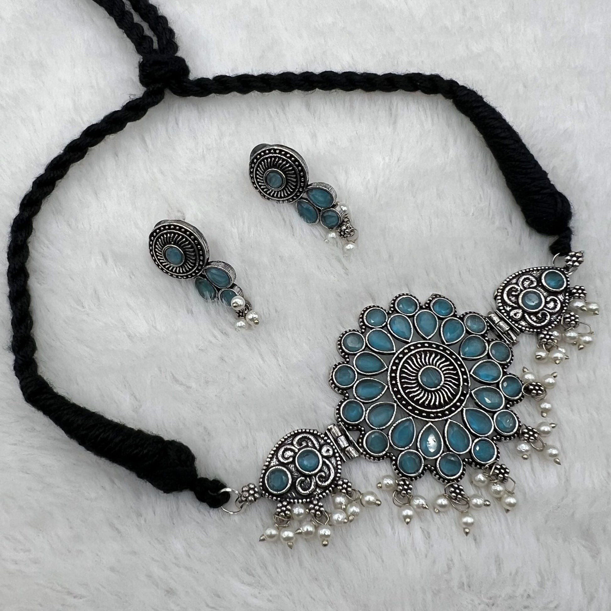 Fashion - Tribal Style Aqua Blue Oxidized Necklace Set