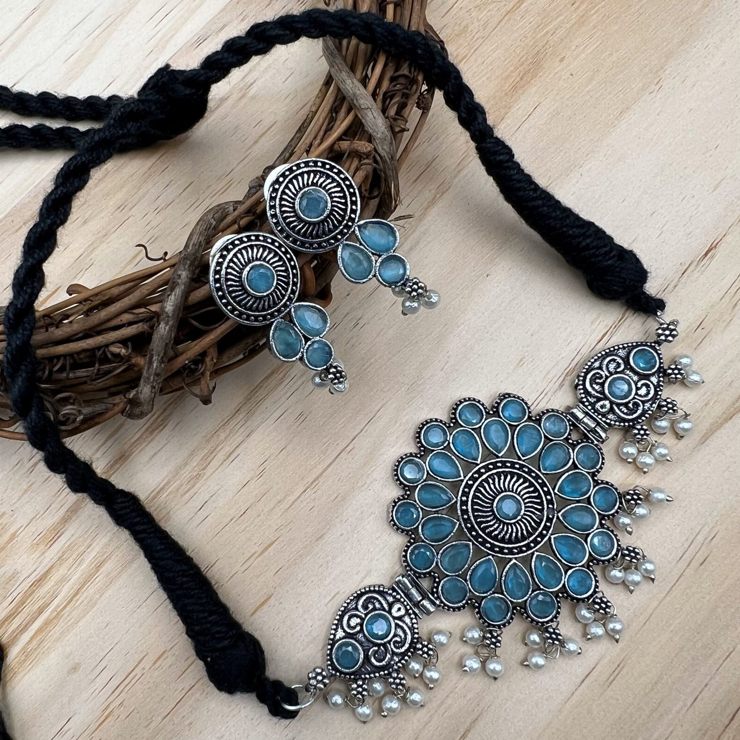 Fashion - Tribal Style Aqua Blue Oxidized Necklace Set