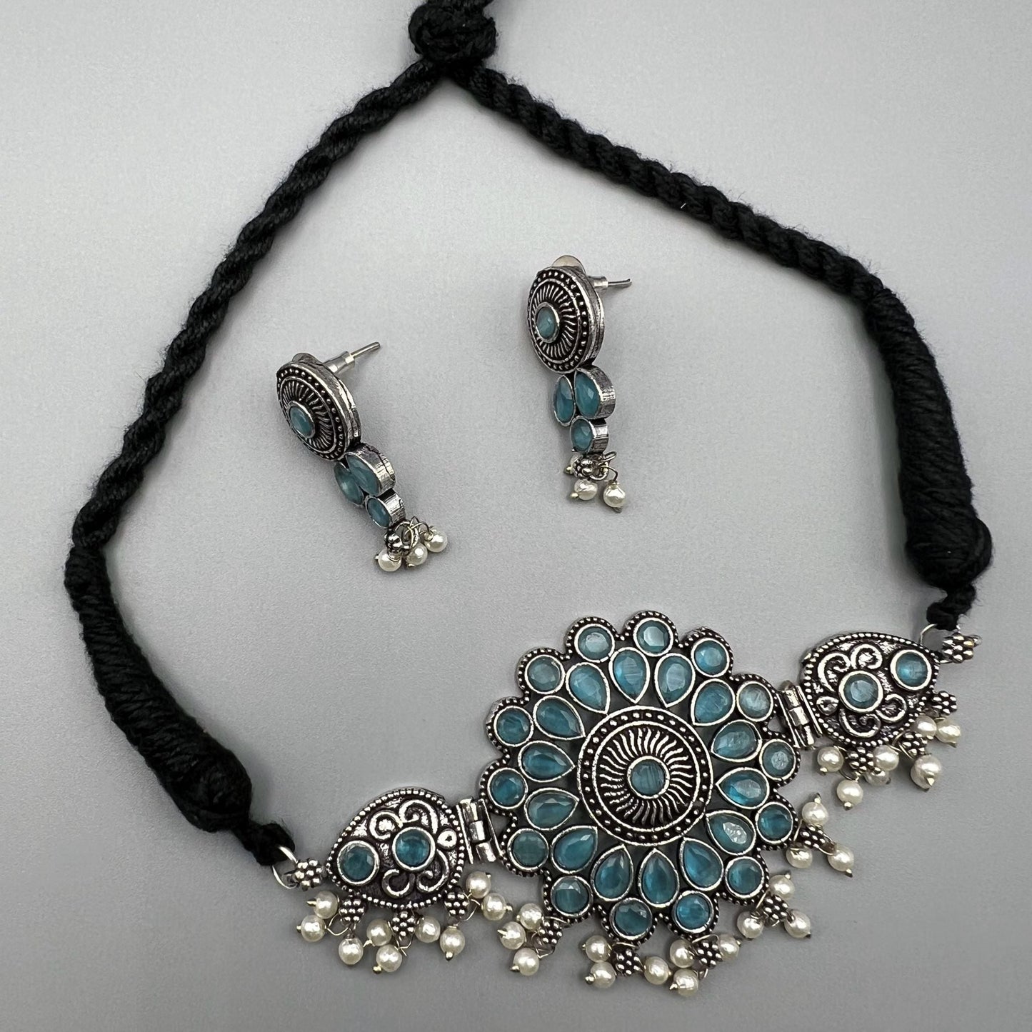 Fashion - Tribal Style Aqua Blue Oxidized Necklace Set