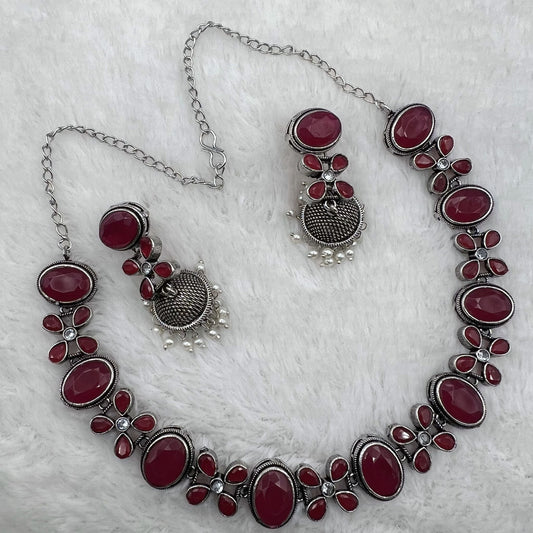 Fashion - Classic Ruby Pink Oxidized Necklace Set