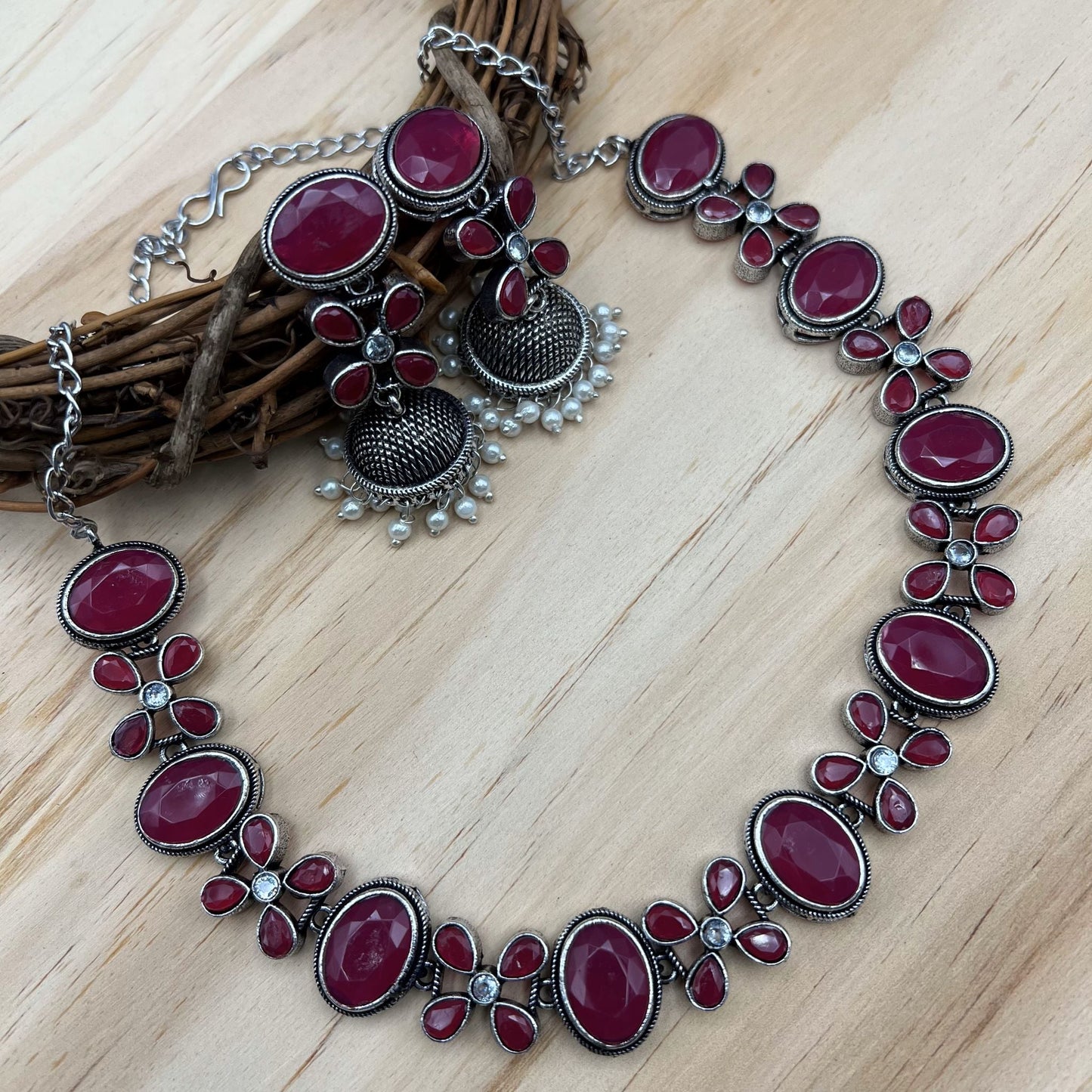 Fashion - Classic Ruby Pink Oxidized Necklace Set