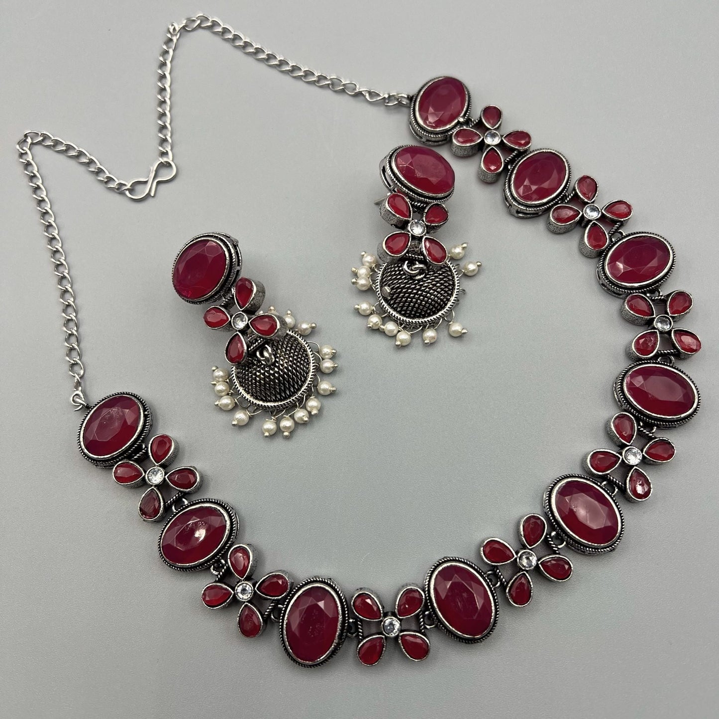 Fashion - Classic Ruby Pink Oxidized Necklace Set