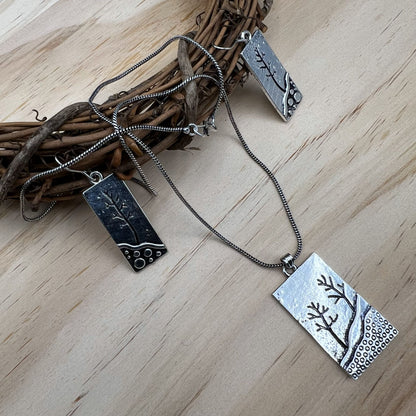 Fashion - Simple Hammered Tree Design Silver Oxidized Pendant Set