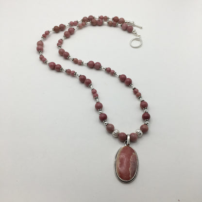 925 Silver Classic Pink Rhodochrosite Single Strand Necklace With Matching Oval Pendant