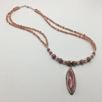 925 Silver Classic Rhodochrosite Dual Strand Necklace With Marquise Shape Pendant Necklace