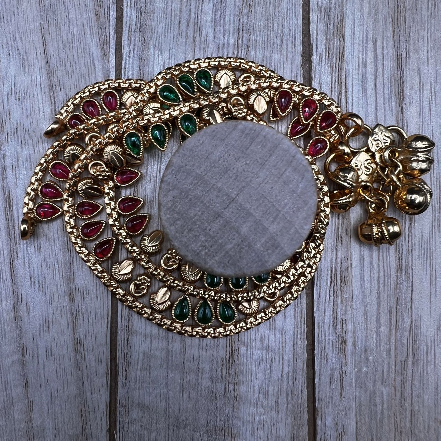 Fashion - Designer Festive Style Ruby Pink, Green Color Antique Traditional Anklets With Gold Tone Plating