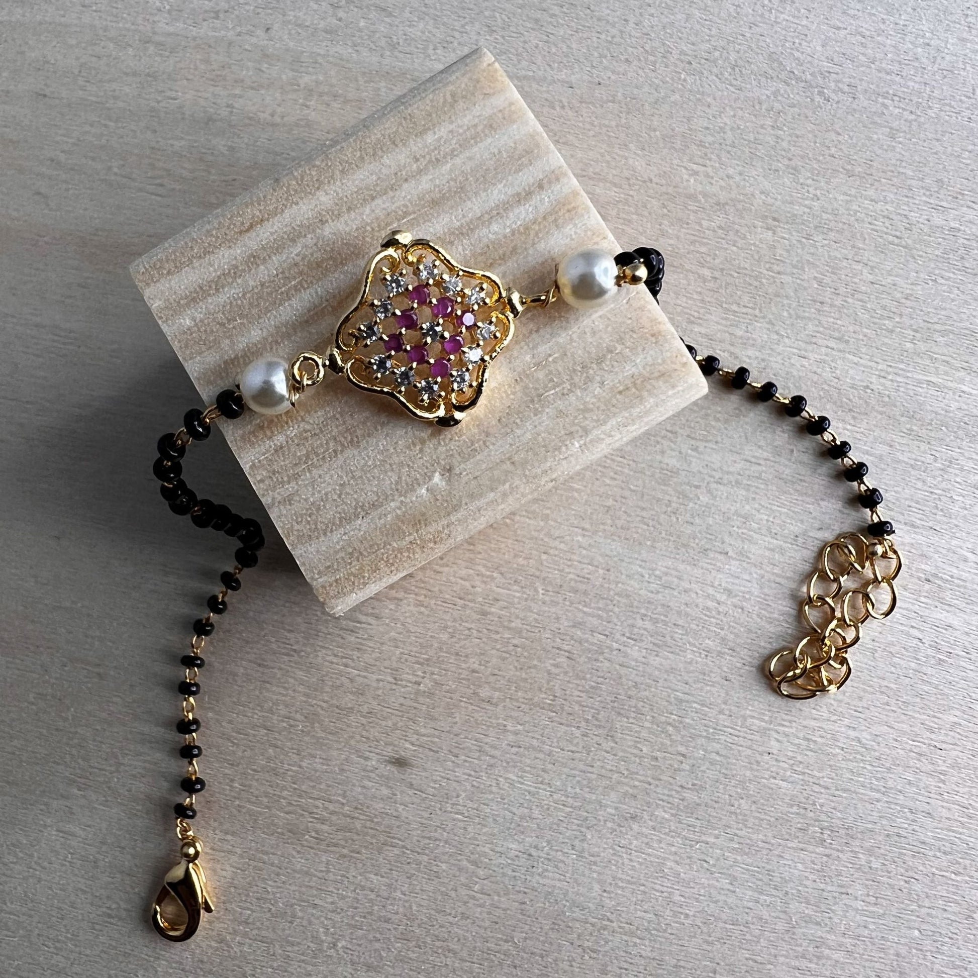 Fashion - Dainty Style Ruby Pink Color Antique Traditional, Bead Mix Bracelet With Gold Tone Plating