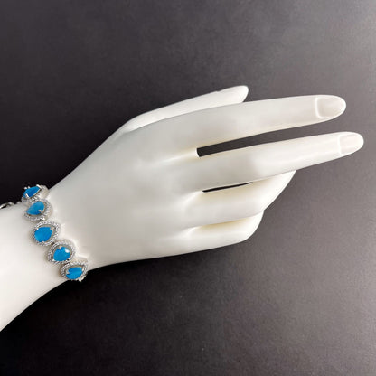 Fashion - Designer Trendy Style Aqua Blue Color AD/CZ Bracelet With Rhodium Plating