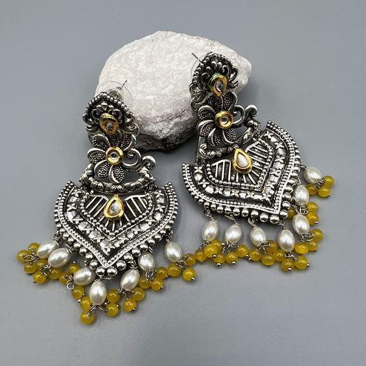 Fashion Festive Yellow Color Oxidised Metal Chandelier Earrings