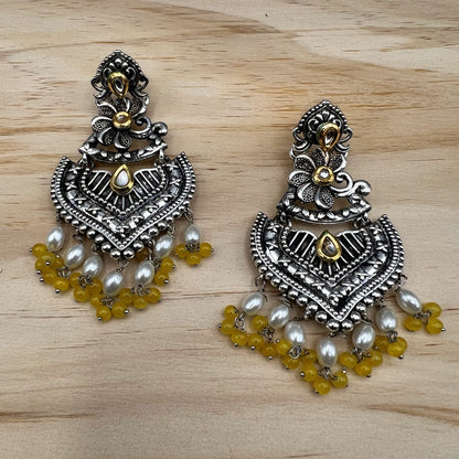 Fashion - Festive Yellow Oxidized Metal Chandelier Earrings