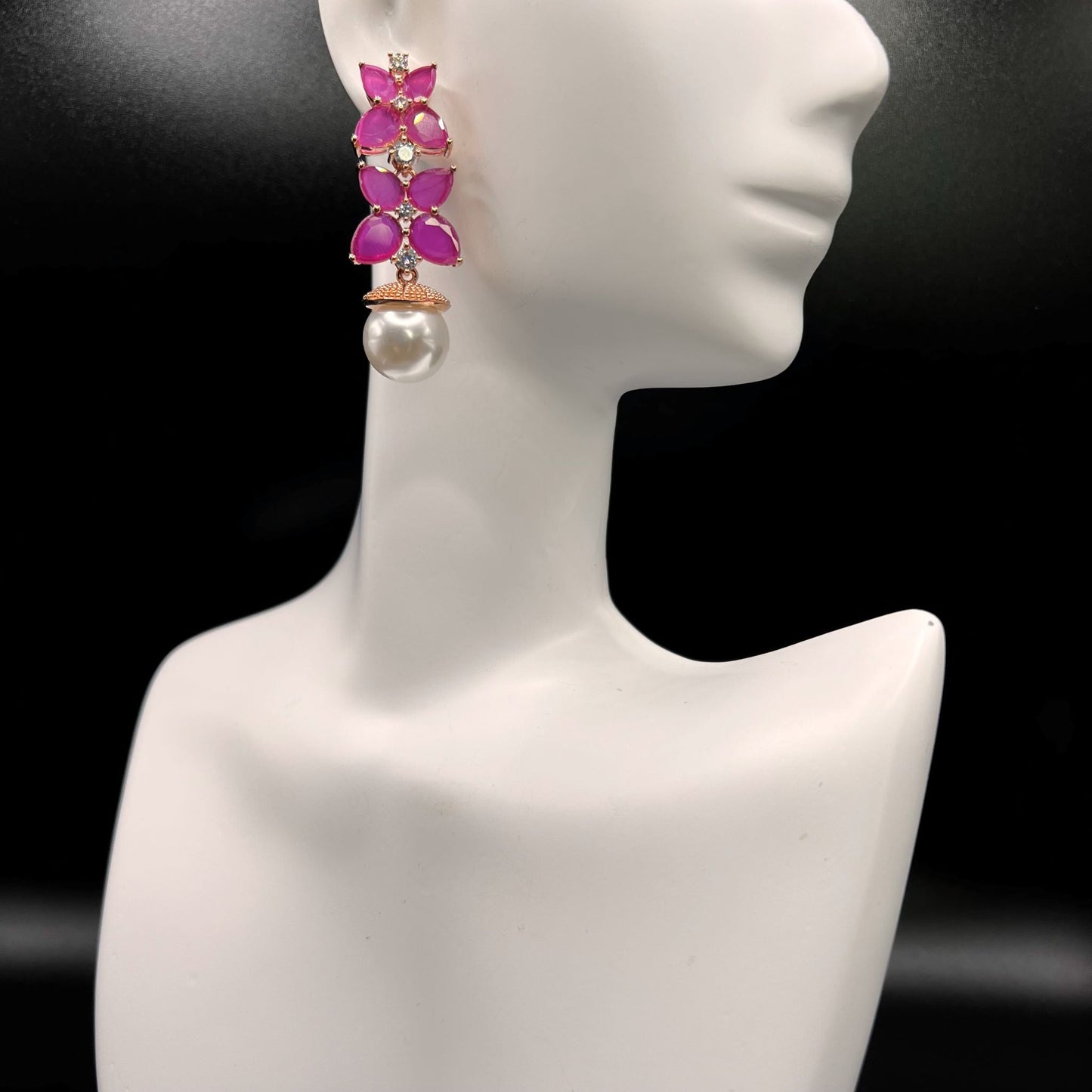 Fashion - Classic Ruby Pink Color AD/CZ Stone Dangler Earrings