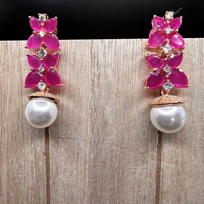 Fashion - Classic Ruby Pink Color AD/CZ Stone Dangler Earrings