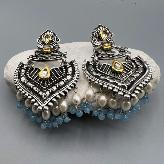 Fashion Festive Blue Color Oxidised Metal Chandelier Earrings