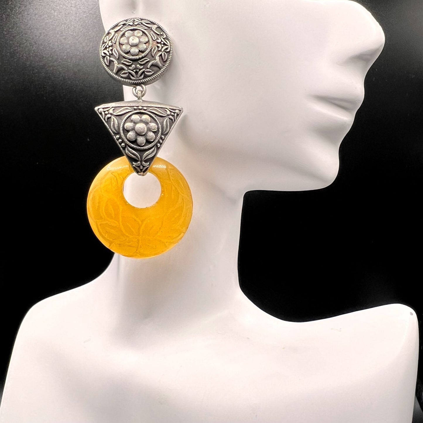 Fashion - Real Silver Look-Alike Trendy Yellow Color Oxidized/Silver Tone Dangler Earrings