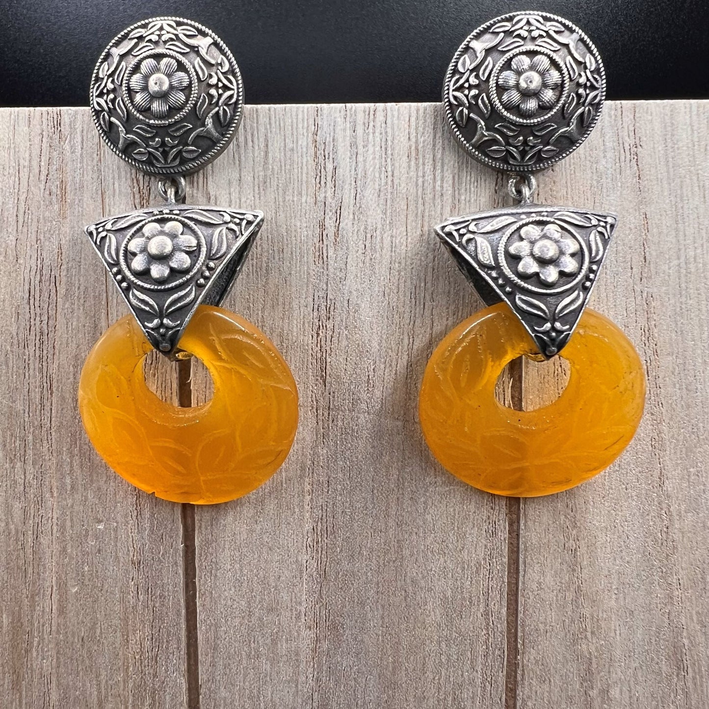 Fashion - Real Silver Look-Alike Trendy Yellow Color Oxidized/Silver Tone Dangler Earrings