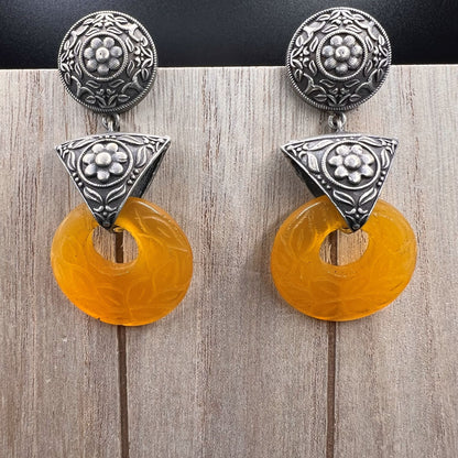 Fashion - Real Silver Look-Alike Trendy Yellow Color Oxidized/Silver Tone Dangler Earrings