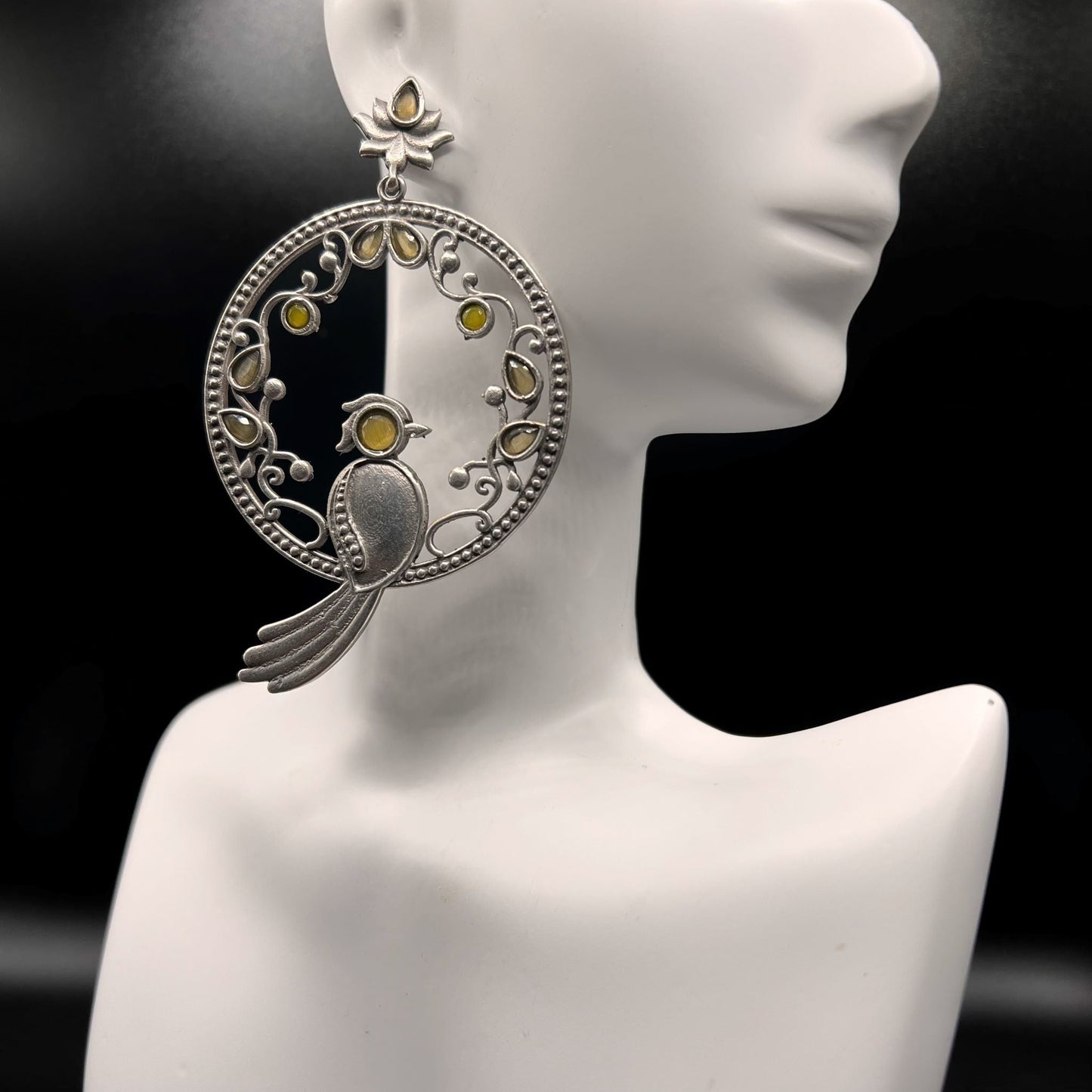 Fashion - Peacock Design Trendy Yellow Color Oxidized/Silver Tone Dangler Earrings