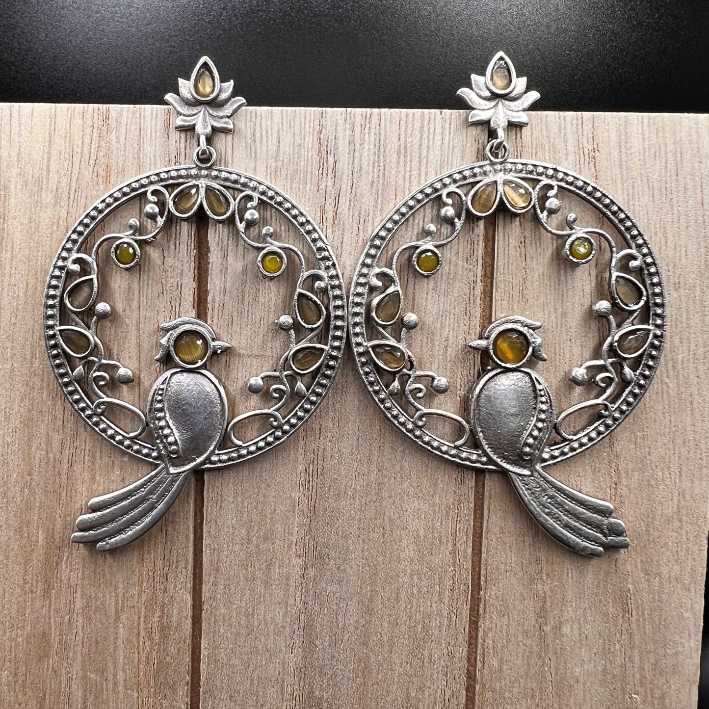 Fashion - Peacock Design Trendy Yellow Color Oxidized/Silver Tone Dangler Earrings