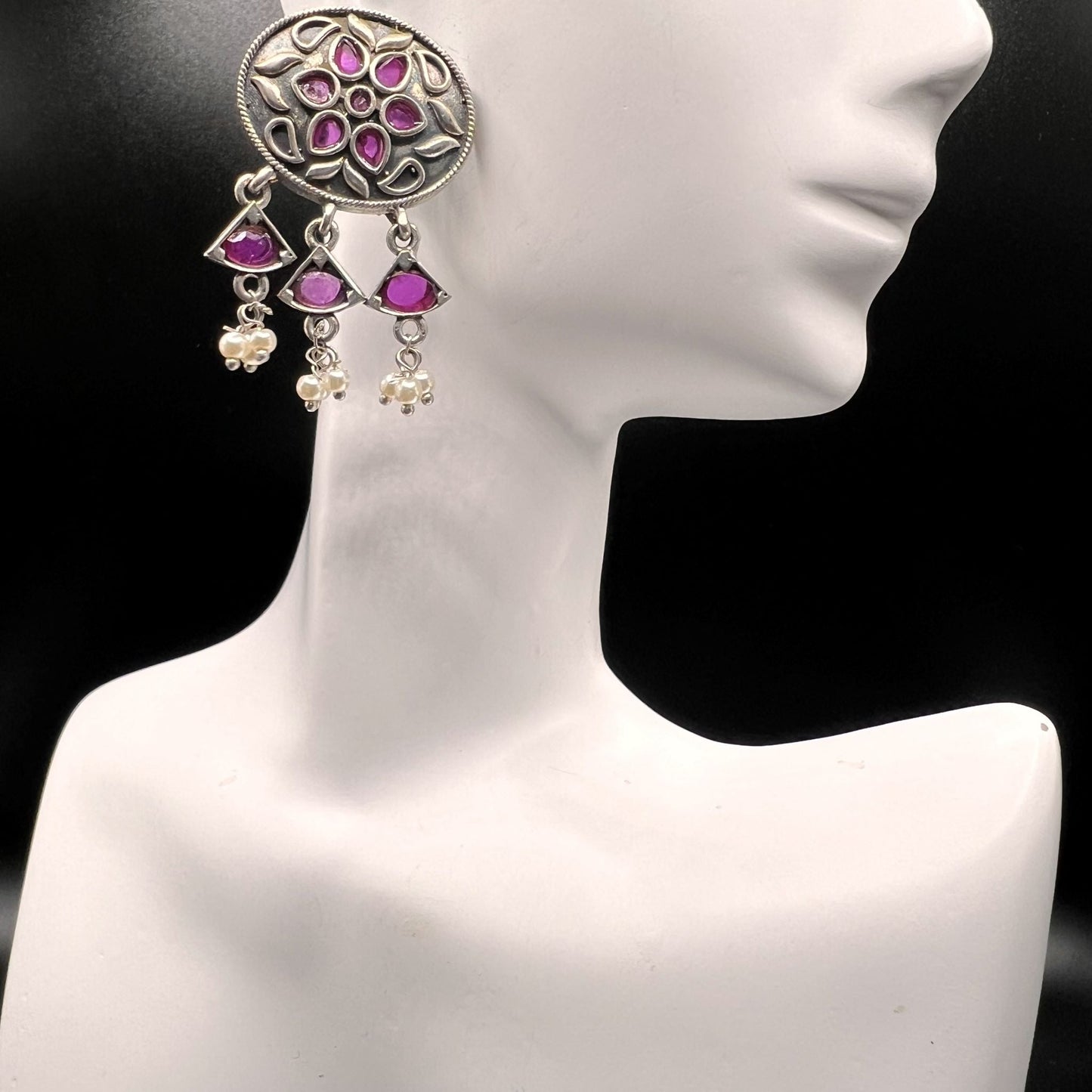 Fashion - Real Silver Look-Alike Classic Ruby Pink Color Oxidized/Silver Tone Dangler Earrings