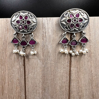 Fashion - Real Silver Look-Alike Classic Ruby Pink Color Oxidized/Silver Tone Dangler Earrings