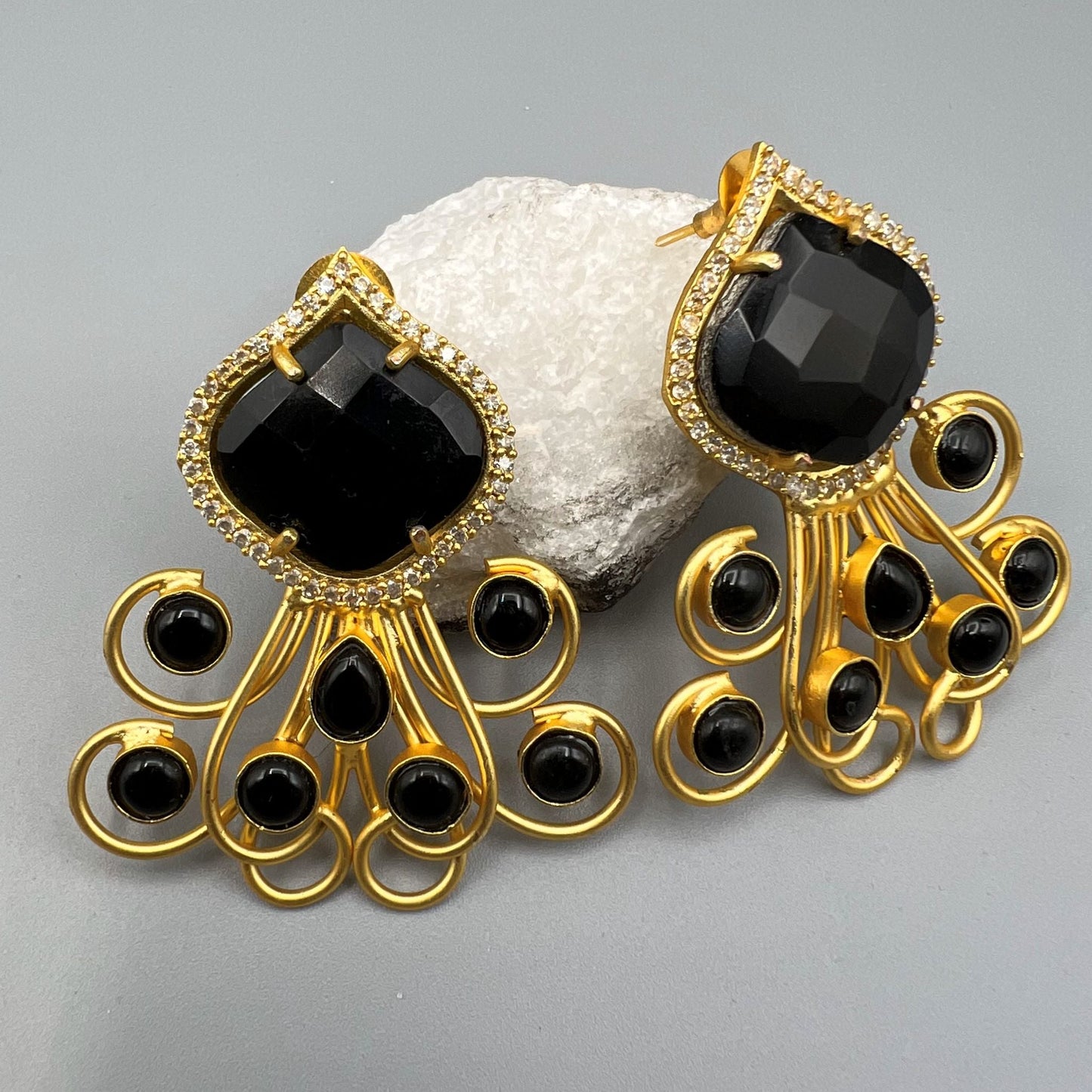 Fashion Classic Black Color AD/CZ Stone Cluster Earrings