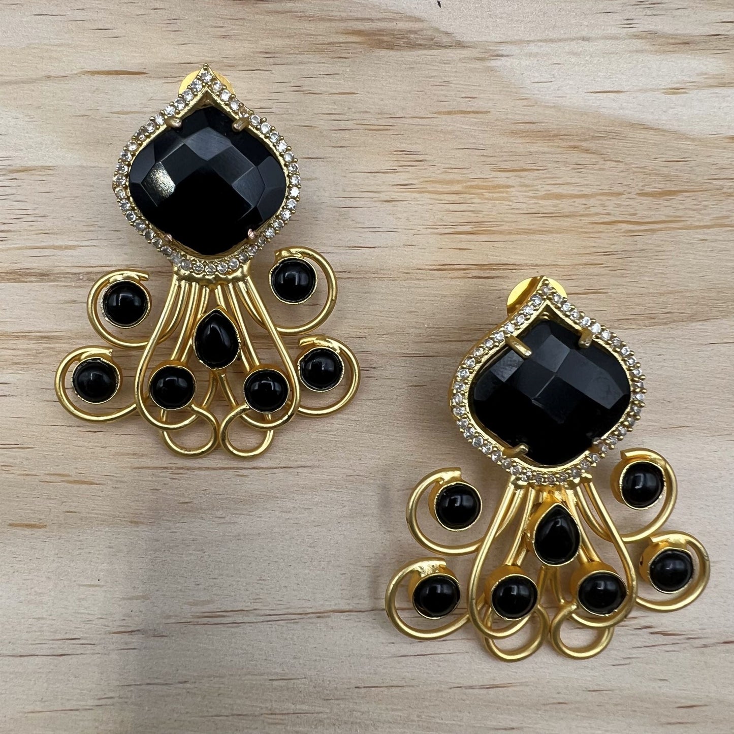 Fashion - Trendy Black Color AD/CZ Stone Cluster Amrapali Earrings