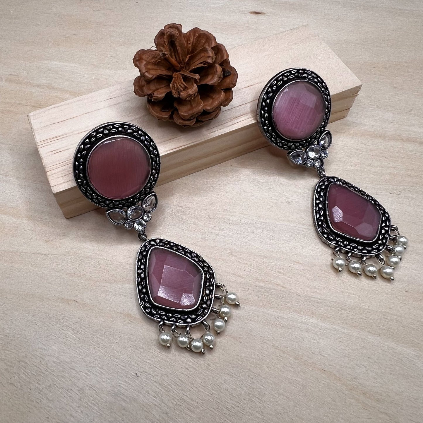 Fashion - Festive Pink Color Oxidised/Silver Tone Dangler Earrings