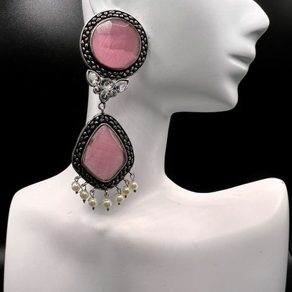 Fashion - Festive Pink Color Oxidized/Silver Tone Dangler Earrings