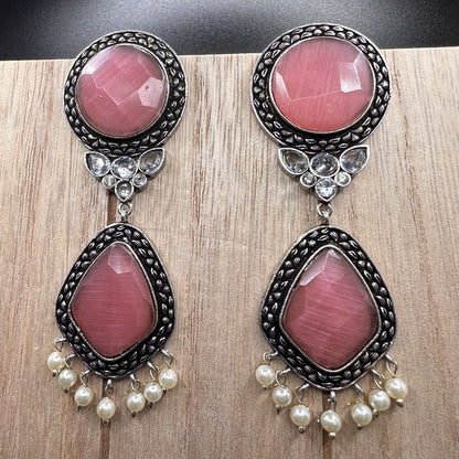 Fashion - Festive Pink Color Oxidized/Silver Tone Dangler Earrings