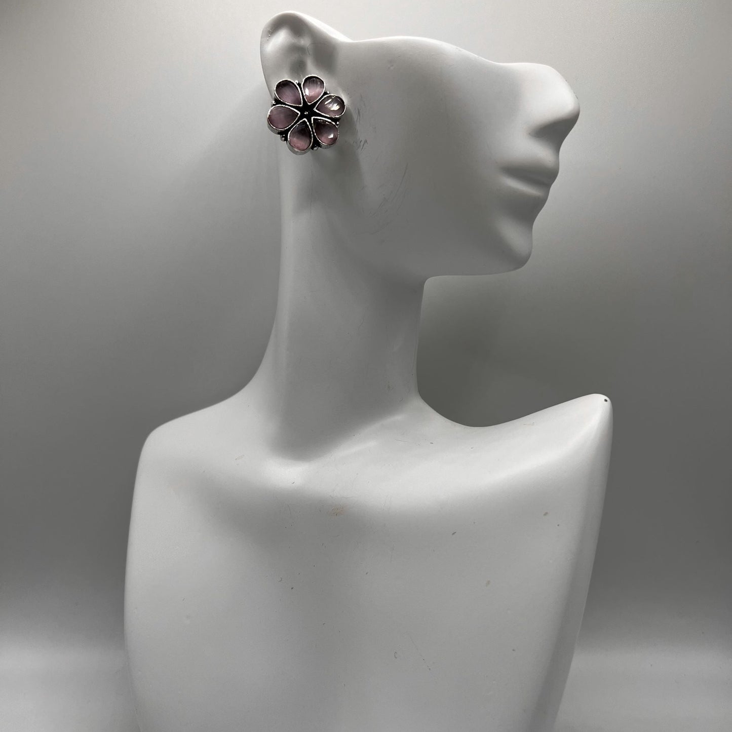 Fashion - Classic Pink Color Oxidized/Silver Tone Stud Earrings