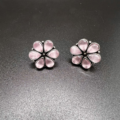 Fashion - Classic Pink Color Oxidized/Silver Tone Stud Earrings